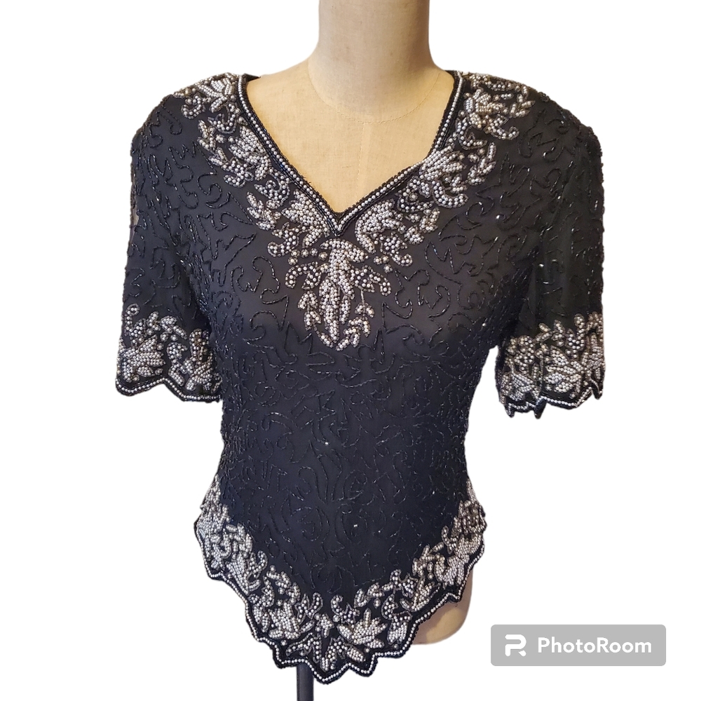 Laurence Kazar scallop beaded black top small
